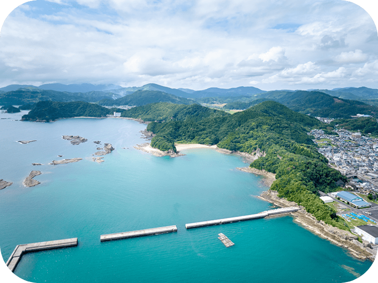 雲に覆われた青空と、おだやかな青い海。海岸沿いに山や住宅が見えます。