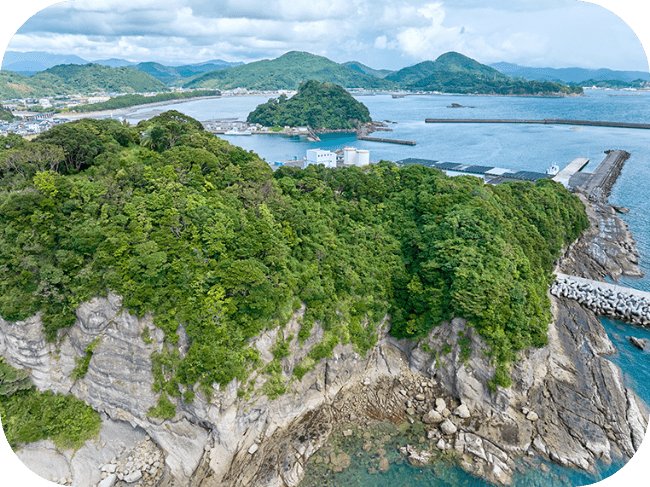 空から見た崖の風景。青い海が少し見えており、遠くには山も見えます。